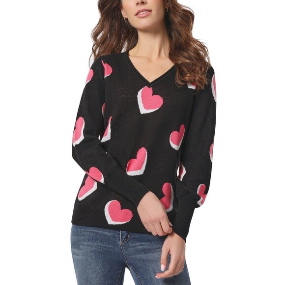 Jones New York Petite Heart V-Neck Puff Sleeve Sweater,  Black, PL - Picture 1 of 1